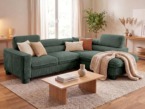 BROMARKT Ecksofa mit Schlaffunktion und Bettkasten L-Form Rechts Dunkelgrün | Wohnlandschaft mit Stauraum und verstellbaren Kopfstützen Eckcouch Sofa Sofabett mit Kissen Freistehend Cord Sofabed CAVELLO