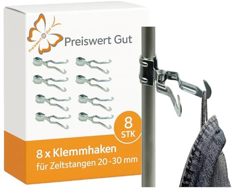 8 STK Klemmhaken Zeltstangen 20 bis 30 mm mit Feder verzinkt 11 cm | Garderobe ohne Bohren mit 2 Aufhängern für Klamotten, Kleidung und Handtücher, Camping Halter für Vorzelt.