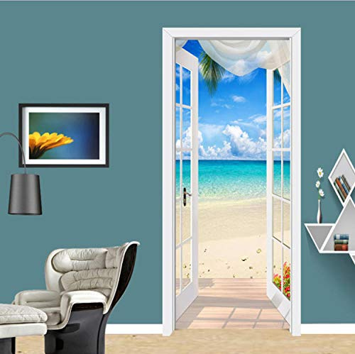 OHEHE Türfoto 3D Effekt Strand Türtapeten Wasserdicht Türposter Selbstklebend Abnehmbar Fototapete Schlafzimmer Wohnzimmer Wohnkultur PVC 77x200cm