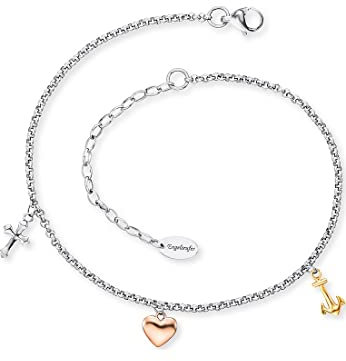 Engelsrufer Fußkettchen für Damen mit Kreuz, Herz und Anker Anhänger, Edelstahl Bicolor, Tricolor, verstellbare Länge, nickelfrei, Allergiker geeignet