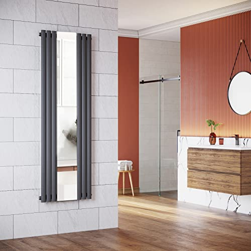 ELEGANT Radiateur de salle de bain design en tubes, avec miroir, 1 800 x 500 mm, anthracite, simple couche, raccord central, tube vertical