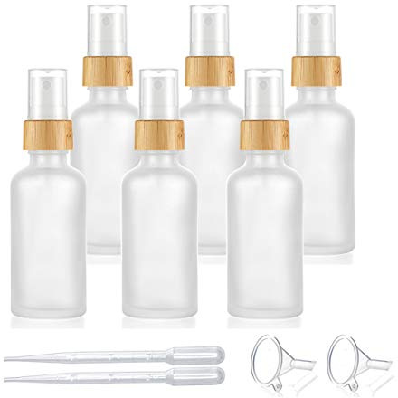 6 Pack,50ml/1.7 oz Frosted Glass Fine Mist Atomiser,Empty Thick Glass Perfume Atomizer Spray Pump Bottle with Bamboo Cap Travel Refillable Vial for Liquid Fragrance Cosmetic Container