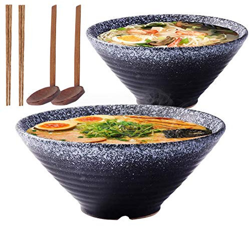 Cuenco de sopa de fideos Ramen japonés de cerámica de 9 pulgadas, 2 juegos (6 piezas) 1600 ml tazón multiusos con cuchara y palillos a juego, para fideos instantáneos, sopa, fideos, Pho, Udon y Soba