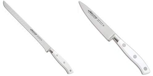 Arcos Riviera Blanc Cuchillo jamonero flexible, 250 mm (estuche) + Riviera Blanc Cuchillo mondador, 100 mm, color Blanco