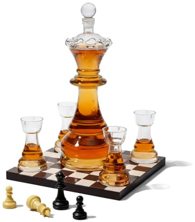 New Chess Decanter Set by The Wine Savant - Queen Chess Decanter 750ml 12 H with 4 Rook Shot Glasses 4oz - Queen's Gambit, Chess Player Gifts, Whiskey, Wine Lovers Gifts for Dad…