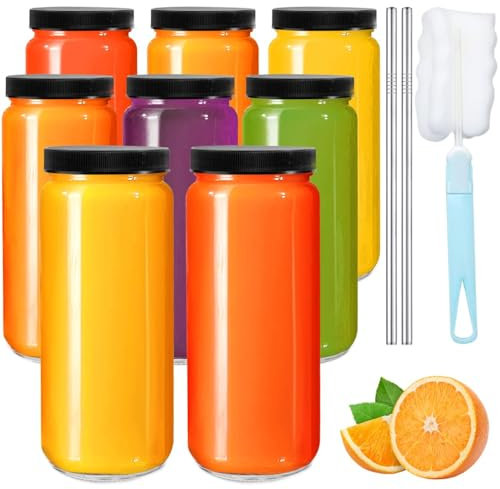 OAMCEG 16oz Glass Juice Bottles 8 Pack with Lids and Straws - 500ml Reusable Glass Bottles for Juice, Iced Coffee, Milk, Smoothies - Leakproof Lids, Includes Cleaning Brush for Home, Café, Picnic