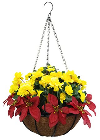 Haus und Hof Hübsche Seide Künstliche Gelbe Azaleen Und Rote Weihnachtsblume Künstliche Weihnachtsstern DIY Kette Hängender Korb Weihnachtsdekoration (Big Basket)