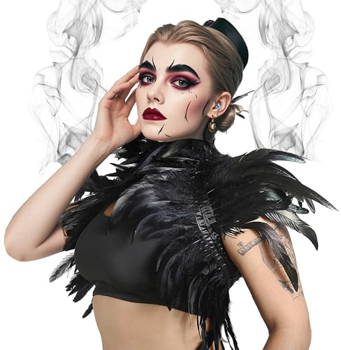 cuteDIY Federkragen Schwarzer Kostüm Damen Gothic Feder Cape Schalkragen Halloween Herren