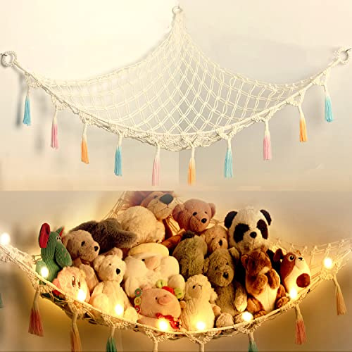 Stuffed Animal Net or Hammock with Light,Yewiwin Macrame Hanging Net Hammock for Stuffed Animal Toy Storage Organizer Boho Decor Room Holder for Nursery Play Room Bedroom (Beige)