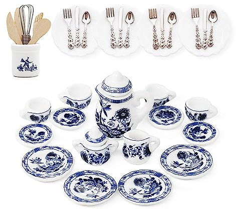 Odoria Miniaturas Escala 1/12 Conjunto de Tazas de Té 15Pzs Accesorios Casa de Muñecas con 16Pzs Platos Cubiertos Vajilla y Utensilios Cocina Miniatura, Loto Azul