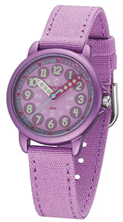 Jacques FAREL Lernuhr Öko Kinderuhr Mädchen Armbanduhr Analog Quarz mit Textilarmband aus Bio-Baumwolle Lila Violett Nachhaltig ORGT 1112