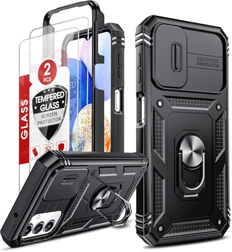 LeYi Coque pour Samsung Galaxy A14 4G/5G avec 2 Verre Trempé,Anneau Support,Protection de la Caméra en PC Dur Anti-Chut Renforcée Armor Heavy Duty Antichoc Bumper Housse Etui pour Galaxy A14 Noir