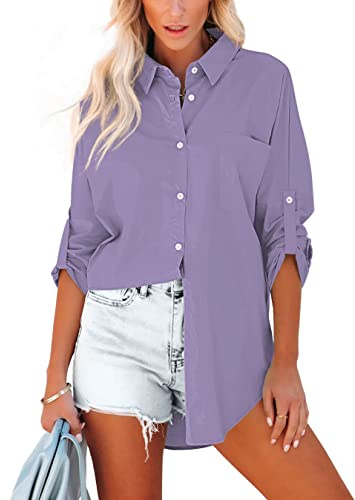 Homlan Bluse Damen Baumwolle Langarm Roll Up Elegant Oberteile Lässige Hemden Knöpfleiste Einfarbig Langarmshirt Tunika Hemdbluse Mit Brusttaschen