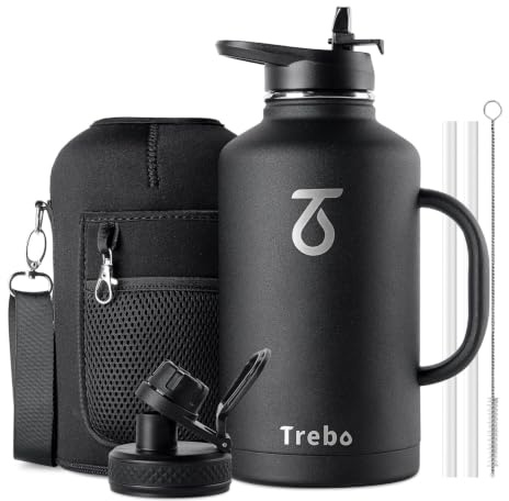 Trebo - Borraccia termica da 1,9 l con manico, in acciaio inox, grande brocca da viaggio, con beccuccio a cannuccia, ampia apertura, con tasca portatile, mantiene le bevande calde e fredde, nera