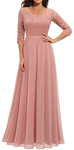 ECDAHICC Robe Longue Élégante en Dentelle à Volants - Col en V - Manches Courtes - Taille Haute - Demoiselle d'Honneur - Soirée, Rose 1, L