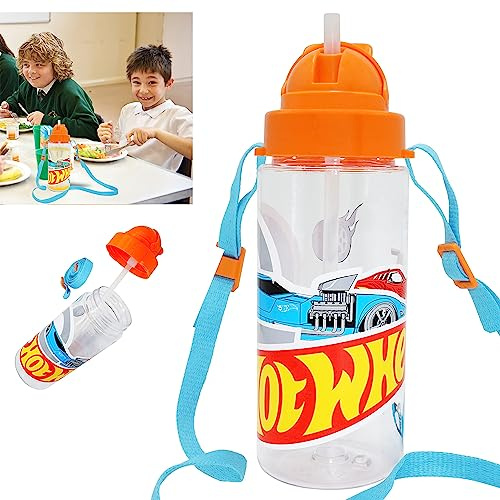 HOVUK Hot WheeIs sugrör vattenflaska 500 ml, Tritan-flaska med flip-topp för barn, läckagesäker och återanvändbar sportpresent till skolan 3 + år