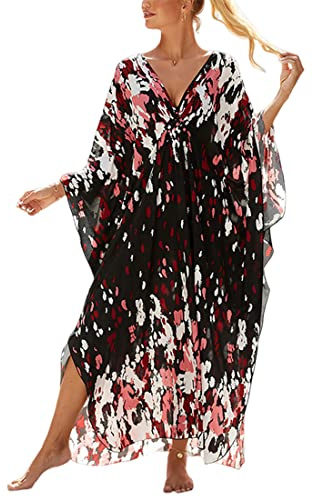 XIAOCILAO Lång kaftan, bohemisk, strandbaddräkt, skyddande badrockar, strandklänning, dam, v-ringad kaftan, maxi, bohemisk, lång, stor storlek, strandöverdrag, One Size