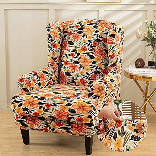 Highdi Wingback Chair Covers 2-Piece Stretch Wing Chair Cover, Washable Armchair Sofa Cover Slipcover Spandex Fabric Furniture Protector for Living Room Bedroom Hotel (Orange Floral)