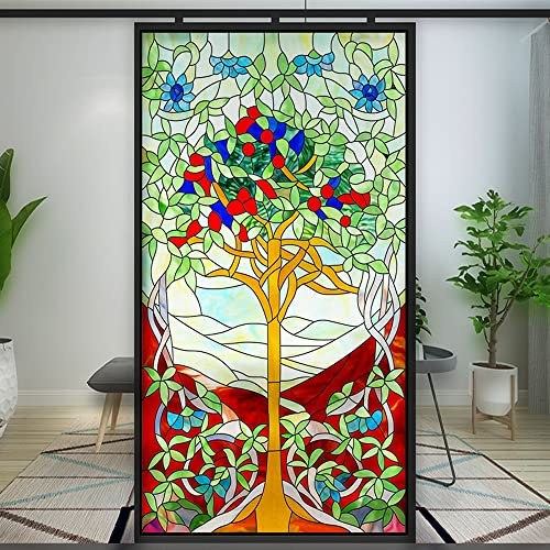 Baum des Lebens, Kirchenstil, Sichtschutzfolie, Buntglas, statische Haftung, Fensterbehandlungen, Fensterabdeckungen, Glasaufkleber, dekorative Folie für Seitenglastür, Heimdekoration, 40 x 140 cm