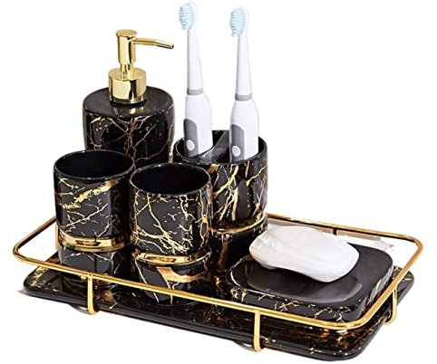 Bad-Accessoires-Set Badezimmer Zubehör Set Seifenspender-Flasche Badezimmer-Accessoires-Set, Goldene Marmorstruktur, Komplettes Badezimmer-Set Für Baddekoration Badezimmer-Set Badezimmerzubehör-Set (