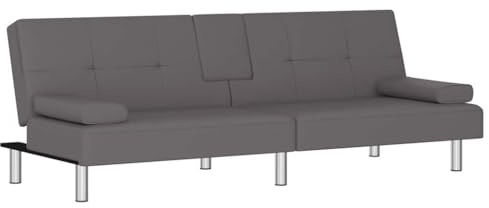 vidaXL Schlafsofa mit Getränkehaltern, Sofa mit verstellbaren Rückenlehnen, Couch für Wohnzimmer, Schlafcouch Bettsofa Sofabett Metallfüße, Grau Kunstleder