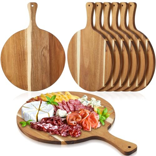 Sliner 6 Pcs Acacia Wood Round Cutting Board Bulk 0.6 Inch Thick Charcuterie Board with Handle Housewarming Gift Large Wooden Chopping Paddle for Cutting Pizza Cheese Meat Fruit(14 x 18.9 Inch)