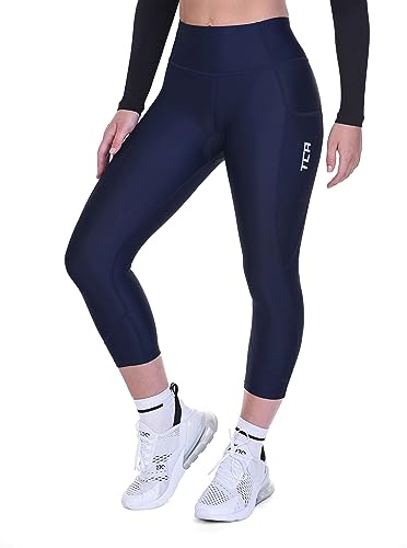 TCA Dam 3/4 vadderade cykelleggings hög midja andningsbara cykelshorts med fickor halkskydd snabbtorkande, marin blazer, L