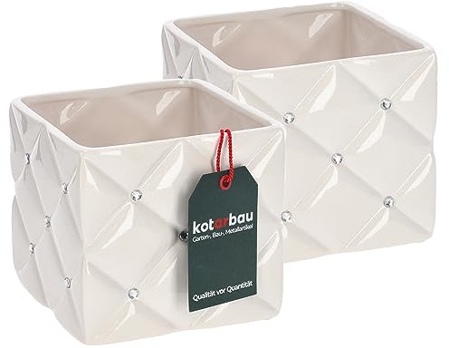 KOTARBAU® 2er Set Glamour Keramik Blumentopf 14 x 14 x 13 cm mit Zirkonen Quadratisch Pflanztopf Weiß Pflanzkübel Blumenkübel für Zimmerpflanzen Übertopf für Pflanzen Gartentopf