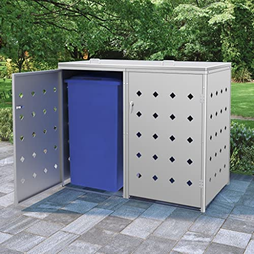 Hommdiy Mülltonnenbox für 4/3/2/1Tonnen 240L, Edelstahl,Mülltonnenverkleidung Gartenbox Müllcontainer,Silber (2 Bins)