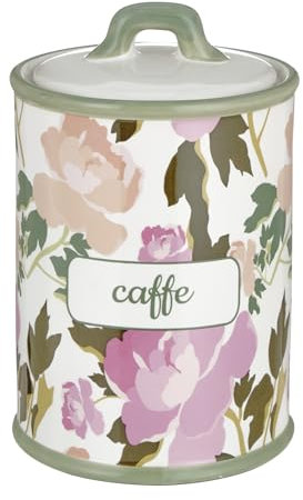 Baroni Home Barattolo Caffè Decorato in Ceramica con Coperchio Ermetico, Accessorio da Cucina Colorato Resistente, Linea Rose, 11x11x17 cm