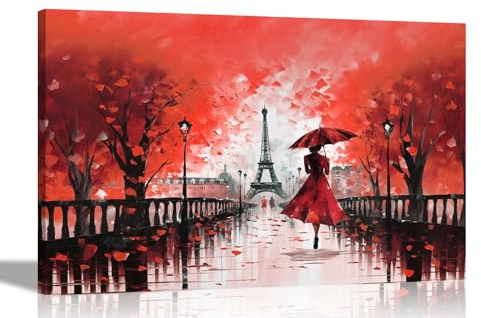 Artley Prints - Calm Of The Rain in Paris Red Romantic Canvas Prints Wall Art For Living Room Bedroom City Pictures Oil Painting Reprint 76 x 50cm (30 x 20 inches)