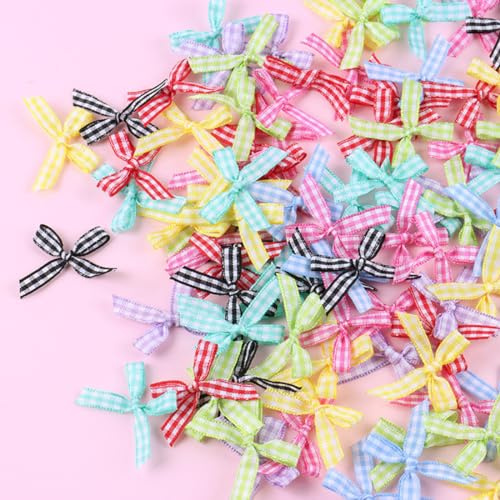 Whakano 100 Stück Mini Bandschleifen,4x3,5cm,Doppelseitige Kariertes Bogen, | Karoband Bögen Deko Schleifen,Mini Band Bowtie für Nähen,Karten,DIY Basteln,Geschenk,Haar-Accessoires,Gemischte Farben