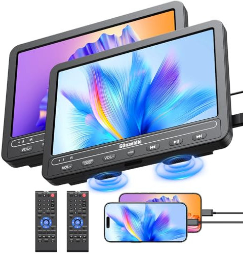 GOnavidio 10.5 Doppio Lettore DVD Portatile per Auto con Batteria Ricaricabile, Supporta HDMI, Autonomia da 5 Ore, USB/TF/AV IN/OUT/Regione Libera,18 Mesi di Garanzia