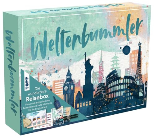 Wunderbare Reisebox Weltenbummler: Buch mit Reisetipps (DIN A5, 32 Seite), Reise Journal (DIN A5, 128 Seiten), 2 Brush Pens, 12 Reisekarten, 12 Holz-Anhänger, 2 Transfersticker-Bogen, Kofferanhänger