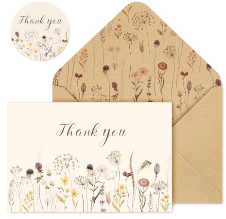 Whaline 36 Packs Boho Floral Thank You Cards Wildflower Greeting Cards Blank Flower Note Cards with Envelopes and Stickers for Graduation Wedding Birthday Bridal Shower Holiday, 4 x 6 Inch