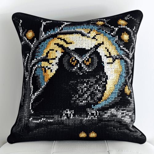 RKFLGEW DIY knüpfen set erwachsene Cartoon-Tiere knüpfkissen Eule und Mond DIY Haken Häkeln Garn Nadel Handwerk einfache handgemachte Kissen für Home Sofa Dekoration 43x43cm