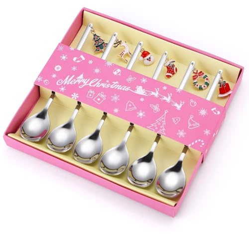 FülleMore 6 Stück Weihnachtslöffel,Edelstahl Kaffeelöffel Dessertlöffel mit Weihnachtsanhänger Tischdeko lustiges Weihnachtsgeschirr Set mit Geschenkbox für Weihnachten Neujahr (Silber)