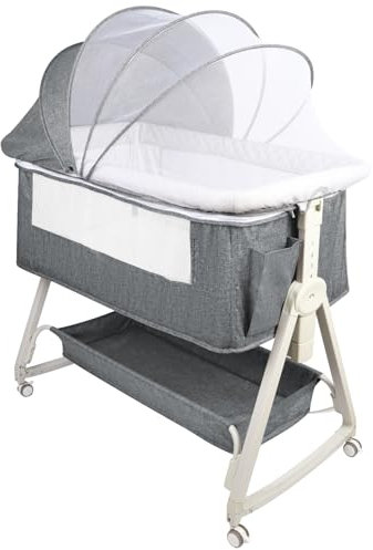 HUOLE 3 in 1 Beistellbett, Reisebett Baby mit Matratze, Babybett 6 Fach höhenverstellbar mit Aufbe, tragbarer Stubenwagen mit Rollen für Baby bis 36 Monaten-92 * 52 * 106-118cm – Leinengrau
