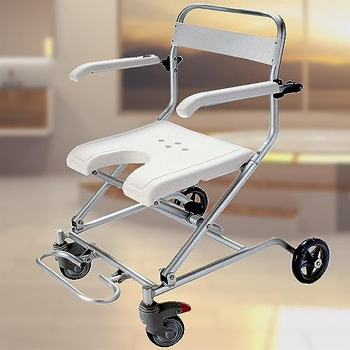 HPTHLY Klappbarer Duschstuhl, Badehocker mit Rädern für Senioren, Rollstuhl, Badezimmer-Badhocker mit hochklappbaren Armlehnen und ergonomischer Rü,