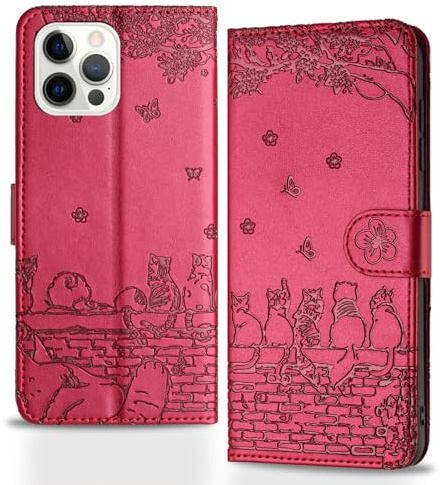 Butnyeoe Coque pour iPhone 16 Pro Max Rabat,Housse Pochette iPhone 16 Pro Max Clapet,Portefeuille Etui avec Porte-Carte et Dragonne,Chats/Fleur PU Cuir/Antichoc Flip Folio Case.Rouge