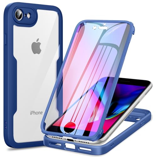 Phoona für iPhone 7/8/SE2022/SE2020 Hülle, 360 Grad Robust Stoßfest Schutzhülle mit Eingebautem Displayschutz, Case Transparent Panzerhülle Handyhülle für iPhone 7/8, Blau