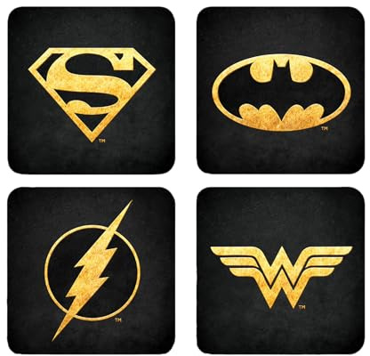 Elbenwald Untersetzer 4er Set mit DC Comics Logo Design - Geschenkidee - Glasuntersetzer Viereckig - für alle Arten von Tassen - Mehrfarbig - Kork, Kunststoff