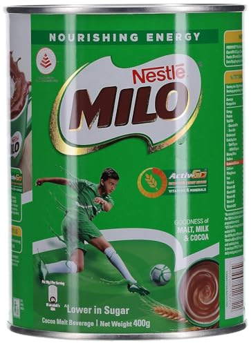 Nestlé MILO Lot de 2 boissons instantanées 400 g avec cacao et malt d'orge – Riche en vitamines et minéraux, idéale pour une préparation rapide, délicieux coup de pied énergétique avec autocollant