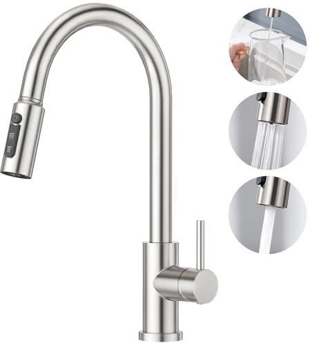 CREA Robinet Cuisine 3 Voies avec Douchette Extractible, Mitigeur 3 Voies Cuisine Pivotant à 360°, Robinetterie Cuisine Eau Potable, Robinet Évier de Cuisine avec Sortie Eau Filtrée,Brossé