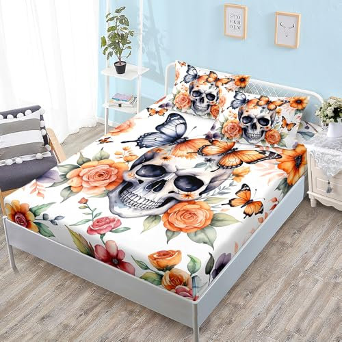 Spannbettlaken 140x200cm Schädel Insekt Orange Bettlaken 140x200 Mikrofaser Spannbettlaken Topper 140x200 Atmungsaktiv Bettbezug 140x200 Leintuch 140x200 Bed Sheets 140x200 30cm Tiefe