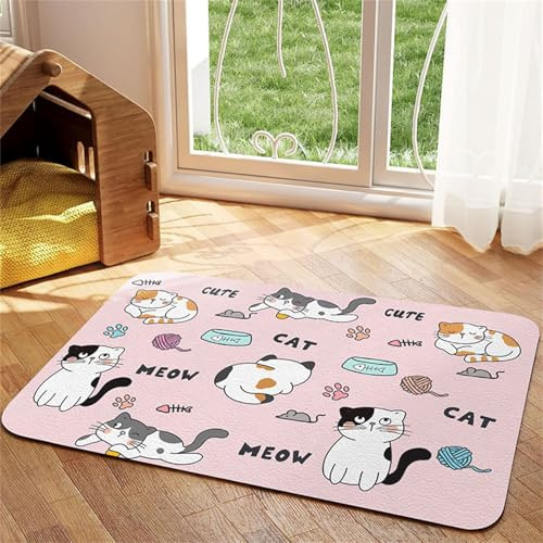 Hearda Futtermatte Hund Groß, Karikatur Stil Katzen Futternapf Unterlage rutschfest Saugfähig Napfunterlage Hund Unterlage Katzennapf Schnelltrocknend Futternapf Matte (Rosa Katze,50x80cm)