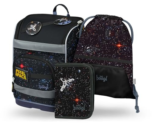 Baagl Schulrucksack Jungen Set 3 Teilig Schultasche 21 l - Pixel Space | Der ergonomische Schulranzen für die 1. Klasse Grundschule bietet einen verstellbaren Brustgurt, Hüftgurt und Turnbeutel.