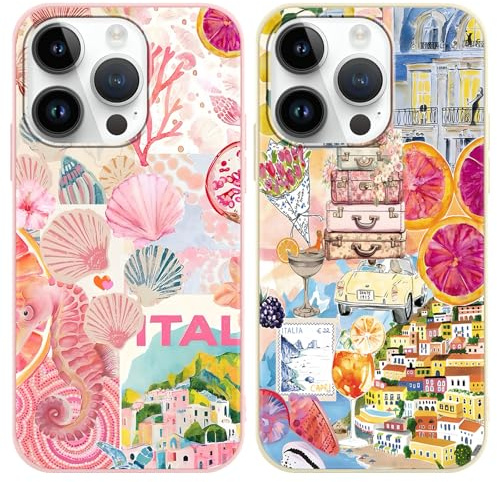 Vxinvnoi 2 Stück Handyhülle für iPhone 15 Pro Hülle, Collage Motiv Aesthetic Blumen Obst Bunt Sommer Muster Mädchen Case, Weich Silikon TPU Stoßfeste Schutzhülle Cover für iPhone 15 Pro 6,1, Rosa