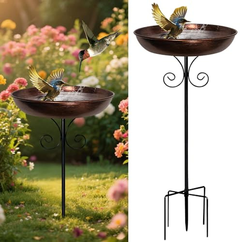 Metall Vogeltränke Stehend mit Erdspieß, Gartendeko Vogelbad für Draußen, Vogeltränke Stehend Groß Garten, Vogeltränke Winterfest mit Ständer Wassertränke für Vögel Draußen Garten Rasen (23,8x81 cm)
