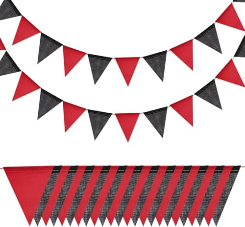 Bandierine in iuta nera e rossa, 8 m, 24 bandierine triangolari impermeabili, bandierine in iuta imitata per feste e decorazioni per feste